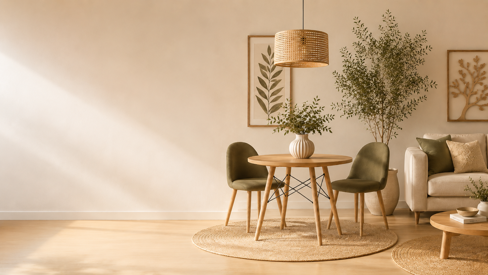 Living comedor armónico con diseño interior y Feng Shui clásico